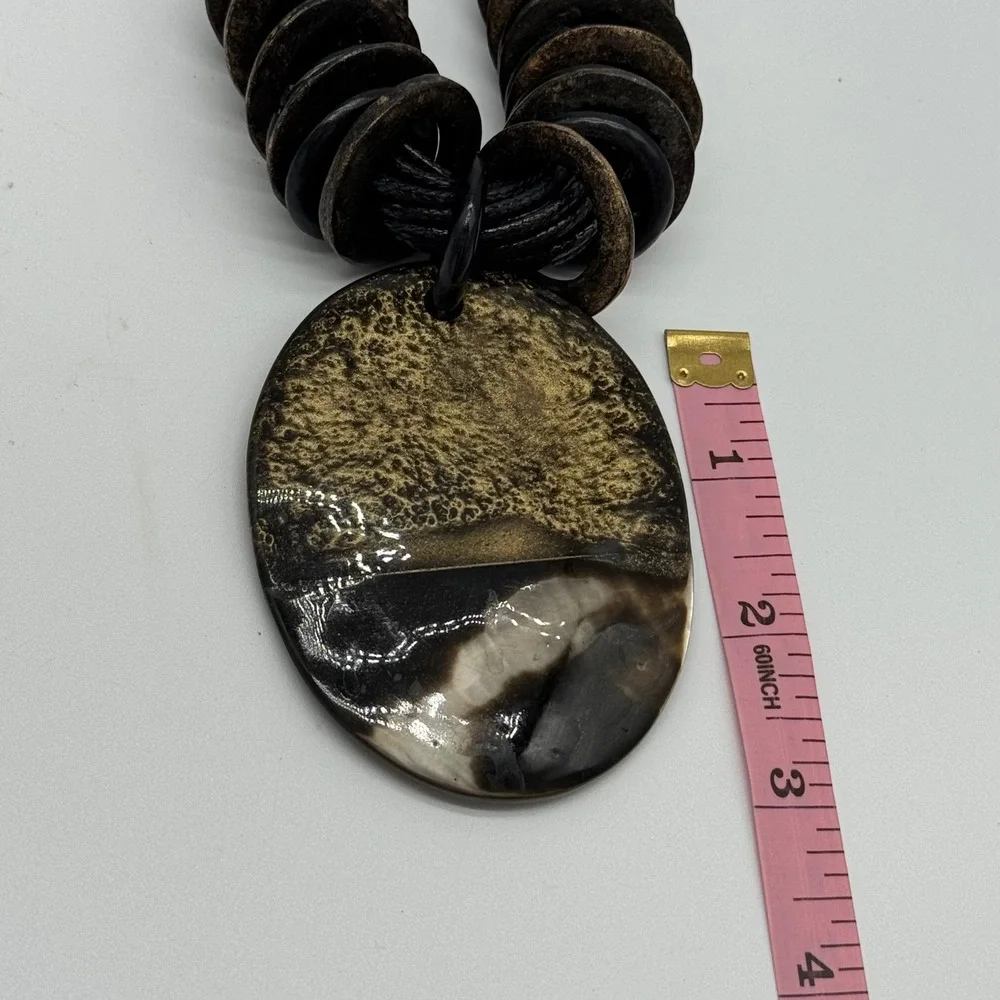 Vtg Modernist Multi Strand Cord Bib Necklace Gold Leaf Glazed Ceramic Disc Penda
